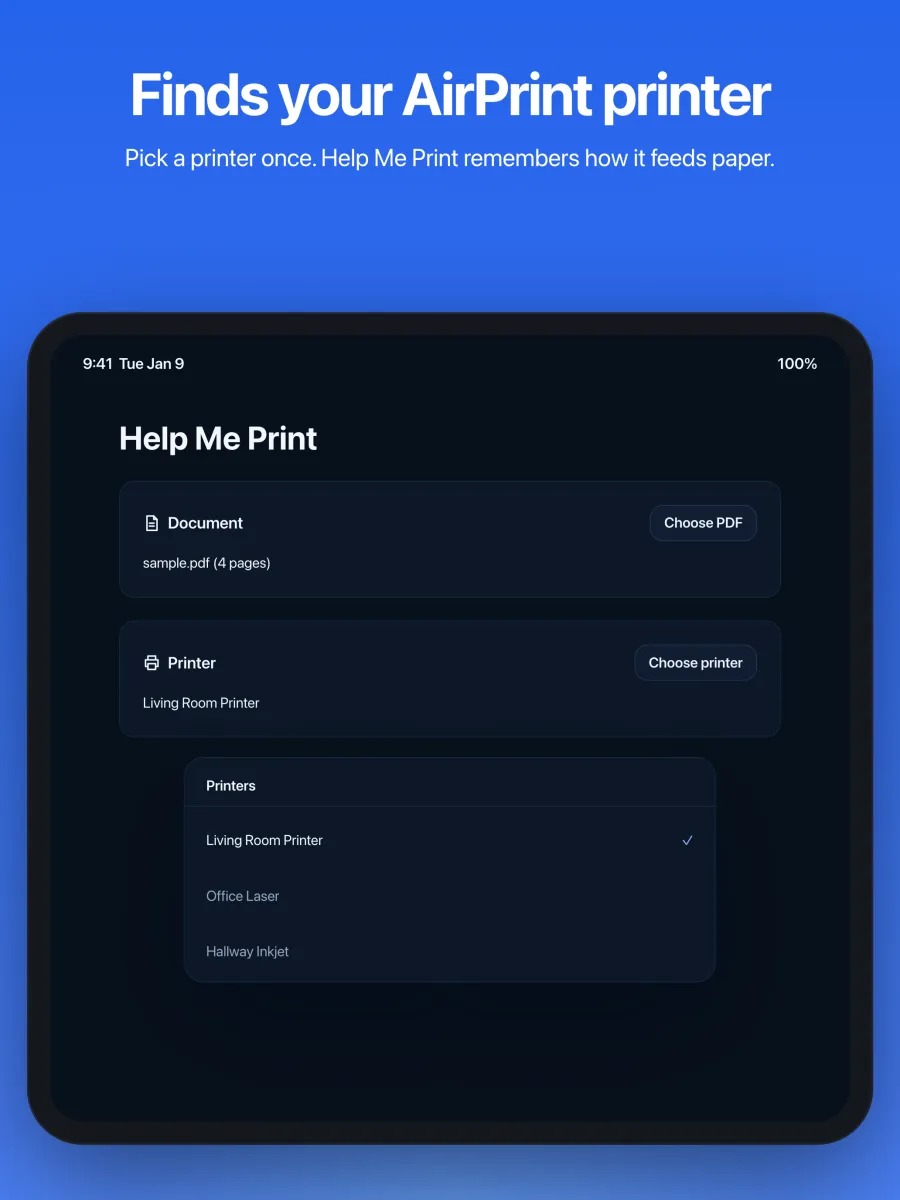 Choosing an AirPrint printer in Help Me Print on iPad