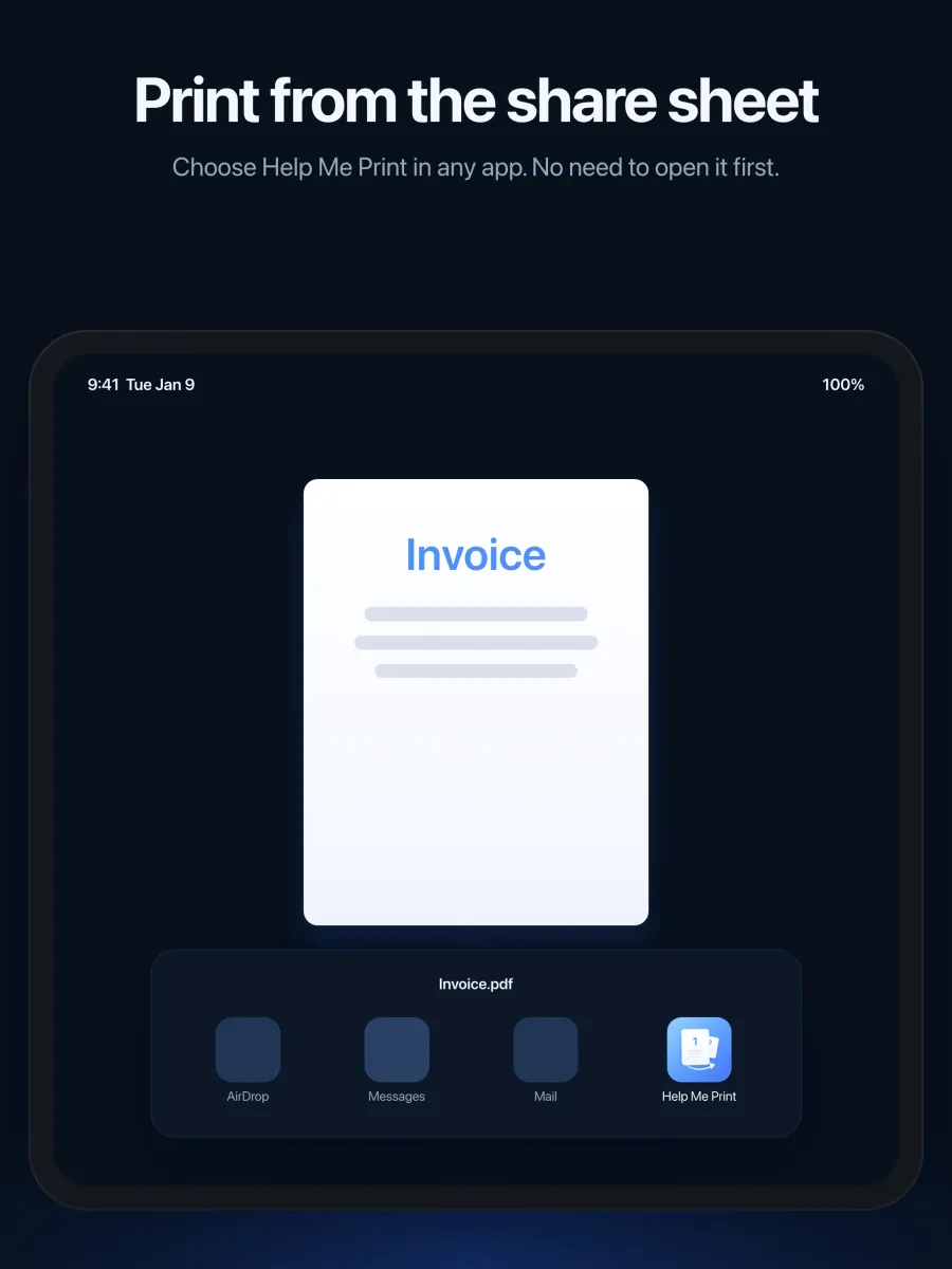 Sending a PDF to Help Me Print from the iPadOS share sheet