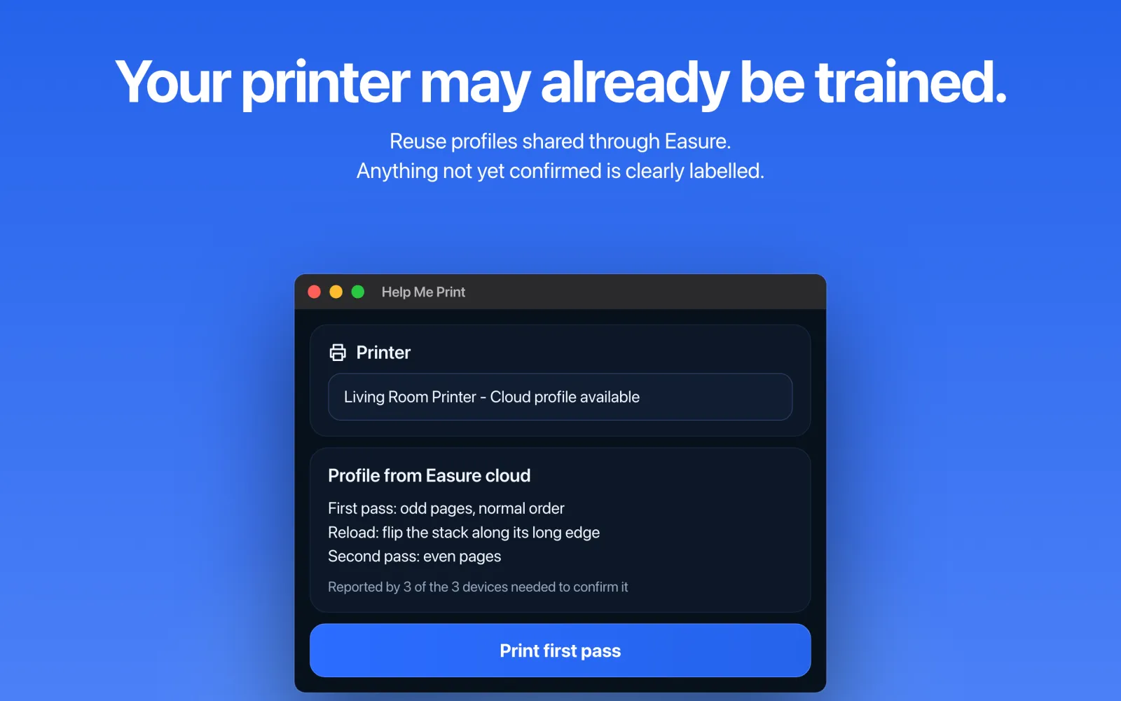 Help Me Print offering a shared community profile for a matching printer model