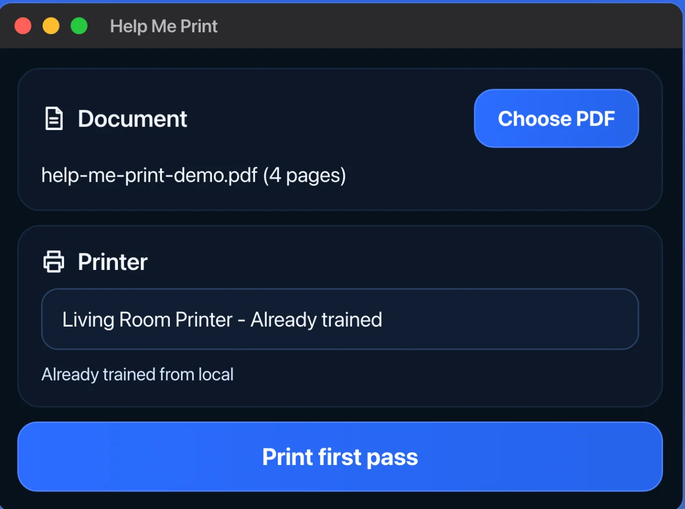 Help Me Print on macOS with a four-page PDF selected, a trained printer chosen, and a Print first pass button